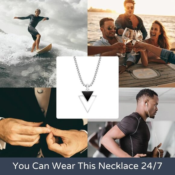 ✨Men Black Necklace Premium Stainless Steel with Triangle Chain Pendants Jewelry - Picture 5 of 7